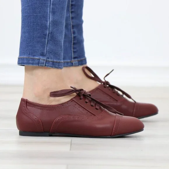 Wine Synthetic Leather Lace up Flat Heel Oxford Style Shoes - Picture 4 of 15